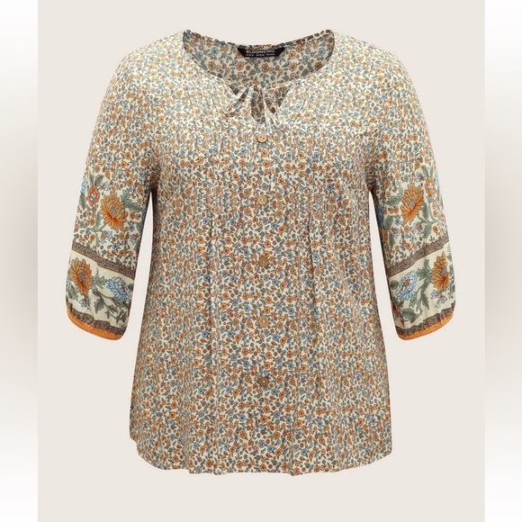 BoomChic 3XL Boho Print Pleated Button Detail Tie Neck Blouse us22-24 - Picture 6 of 7